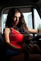 Sexy brunette woman sitting in car