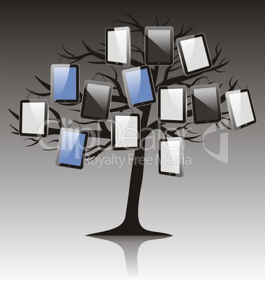 abstract tree with tablet on black white background