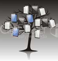 abstract tree with tablet on black white background