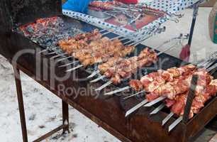 Appetizing fresh meat shish kebab (shashlik)  prepared on a gril