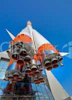Russian space transport rocket over blue sky background