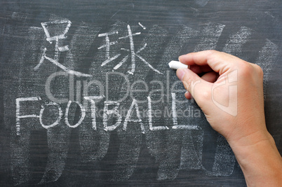Football - word written on a blackboard with a Chinese version
