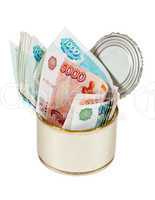 Russian roubles  bills  in  tin can over white background