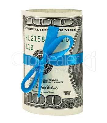 100 US dollar wrapped by ribbon isolated on white background