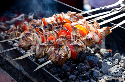 Juicy slices of meat with sauce prepare on fire (shish kebab).