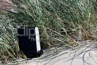 Buch mit Sonnenbrille im Gras einer Düne