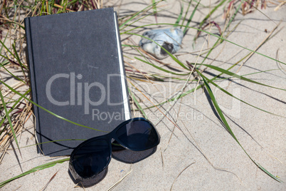 Schwarze Sonnenbrille liegt vor einem Buch am Strand