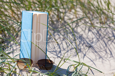 Ein Buch am Strand steht im Sand