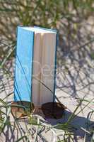 Buch mit Sonnenbrille steht in den Dünen