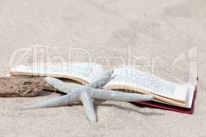 Buch liegt am Strand unter einem Seestern und einem Stück Treibholz