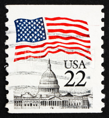 Postage stamp USA 1985 Flag and White House