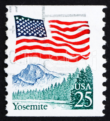 Postage stamp USA 1988 USA Flag over Yosemite Valley