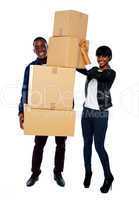 Love couple holding empty cartons