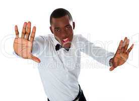 Happy stylish black man stretching to camera