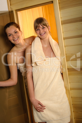 Happy women leaving sauna at wellness center