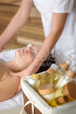 Beauty spa products in massage room