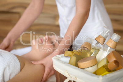 Beauty spa products in massage room