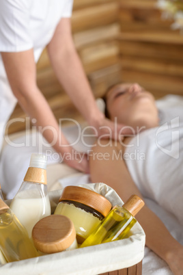 Beauty spa products in massage room