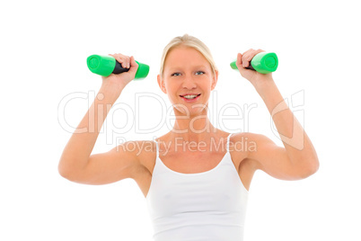 portrait of a young caucasian woman who trains with dumbbells in