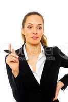 Young businesswoman holding a marking pen on white background st