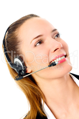 young businesswoman with headset on white background studio