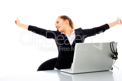 tired young businesswoman with laptop on white background studio