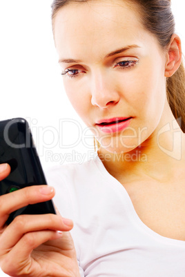 young woman with smart phone on white background studio