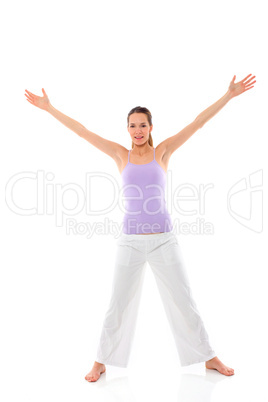 Young woman practicing yoga on white background studio