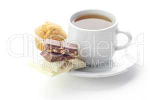 bar of chocolate,tea and muffin isolated on white