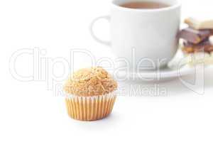 bar of chocolate,tea and muffin isolated on white