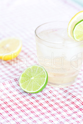 water with lemon and lime in a glass with ice