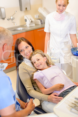 Little girl visit dentist surgery with mother