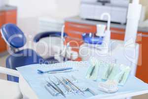 Dental tools on table in stomatology clinic