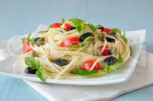 Spaghetti with tomato, capers and basil with olives