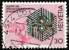 Postage stamp Switzerland 1973 Skier and Championship Emblem