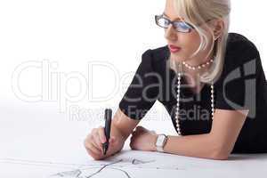 Cute blond woman thnking on graph