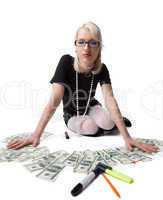 Happy blond business woman prowd of money