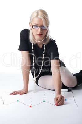 business blond woman pin point on graph