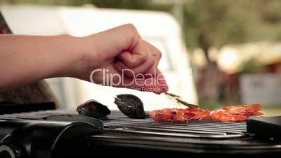 Grilling Prawns and Mussels with Rosemary and Olive Oil