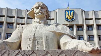 Flag and sculpture in Ivano-Frankivsk, Ukraine