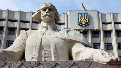 Sculpture and flag in Ivano-Frankivsk, Ukraine