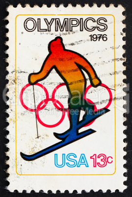 Postage stamp USA 1976 Skiing and Olympic Rings