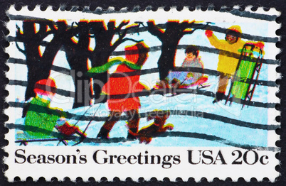 Postage stamp USA 1982 Children Playing in the Snow, Christmas