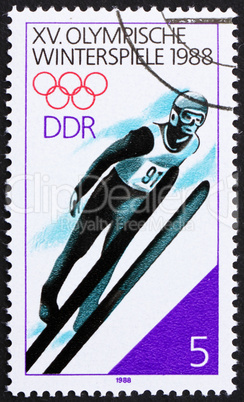 Postage stamp GDR 1988 Ski Jumping