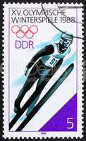Postage stamp GDR 1988 Ski Jumping