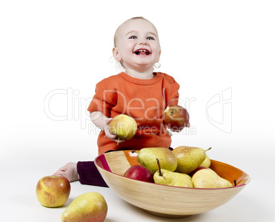 laughing baby with apples