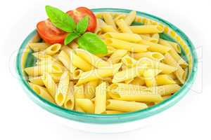 Bowl full of pens pasta with tomatoes and basil