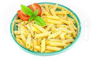 Bowl full of pens pasta with tomatoes and basil