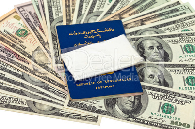 Package with drug over the Afghan passport and U.S. dollars