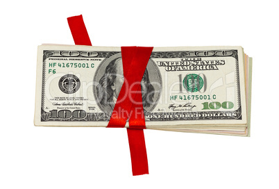 Stack of dollars tied up with red ribbon